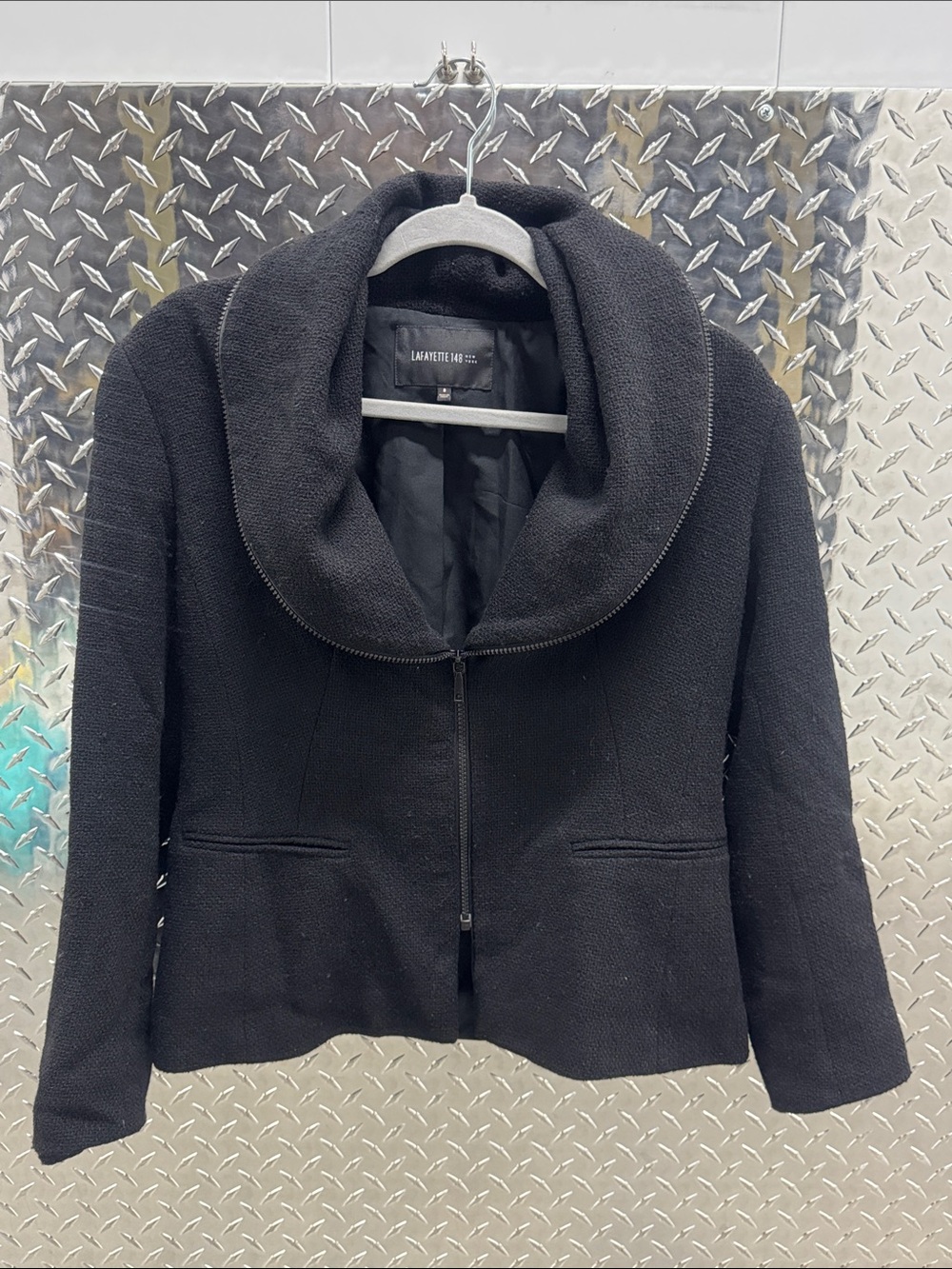 Lafayette 148 New York Black Wool Textured Zip-Front Blazer- Size 8